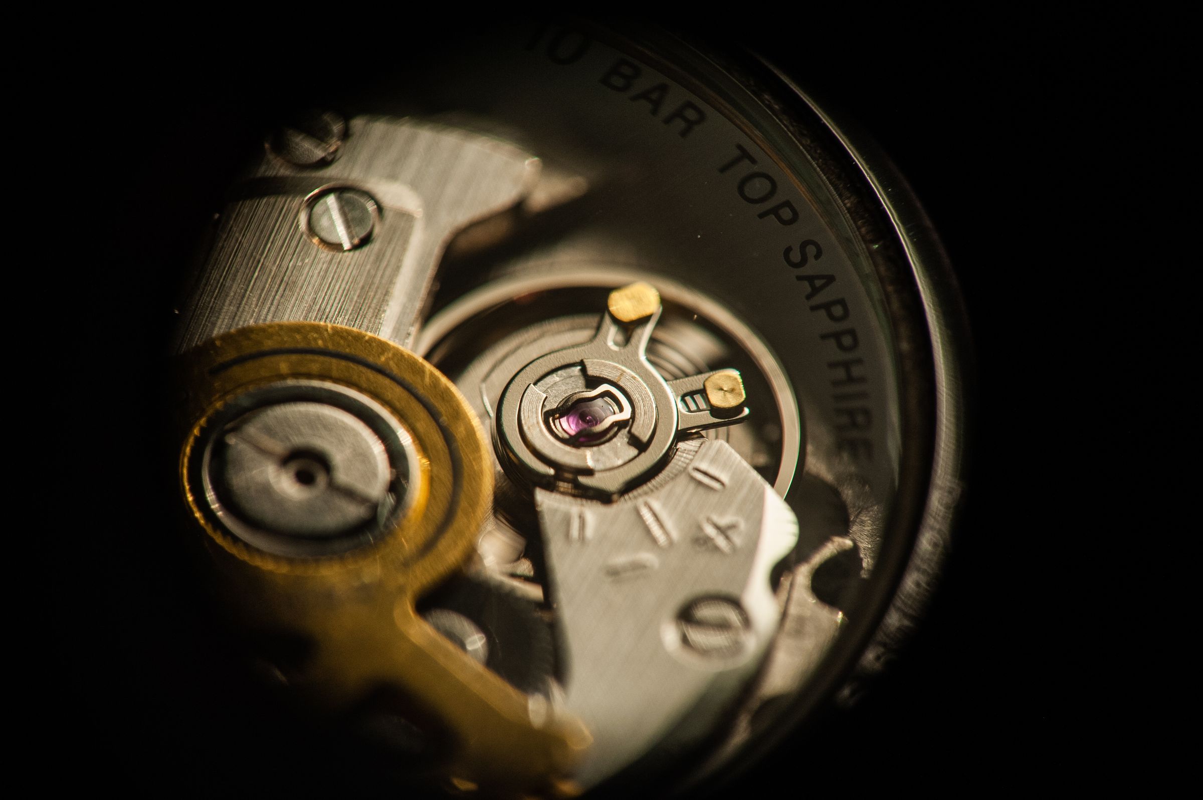 Macro photograph of an automatic watch movement